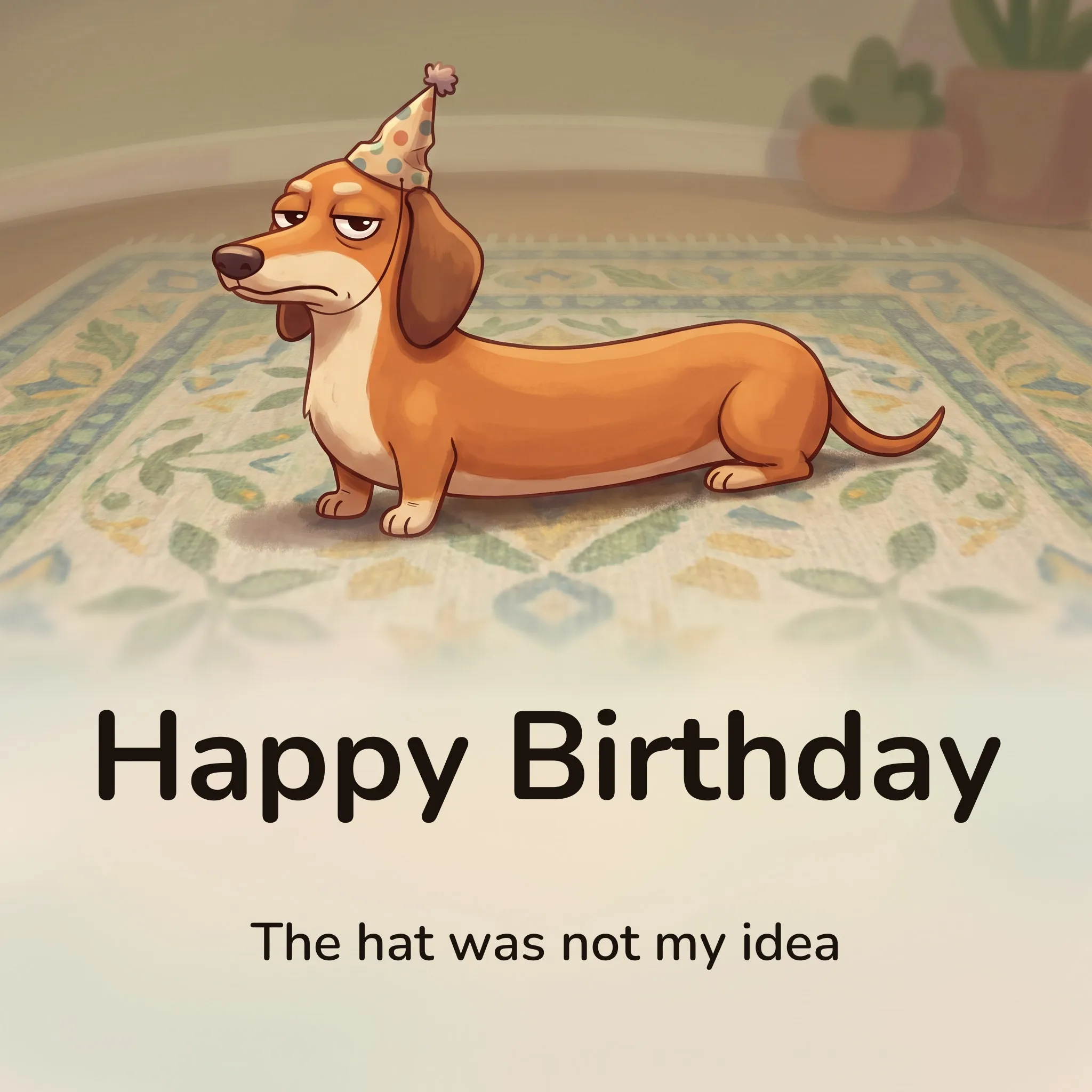 Happy birthday image: a long cartoon dachshund in a small cone party hat pulled askew, lying low on a patterned rug and entirely unimpressed, lettered “Happy Birthday” and “The hat was not my idea”
