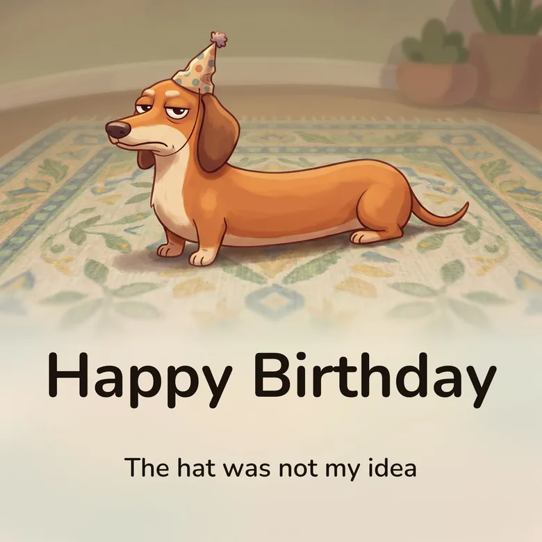 Happy birthday image: a long cartoon dachshund in a small cone party hat pulled askew, lying low on a patterned rug and entirely unimpressed, lettered “Happy Birthday” and “The hat was not my idea”