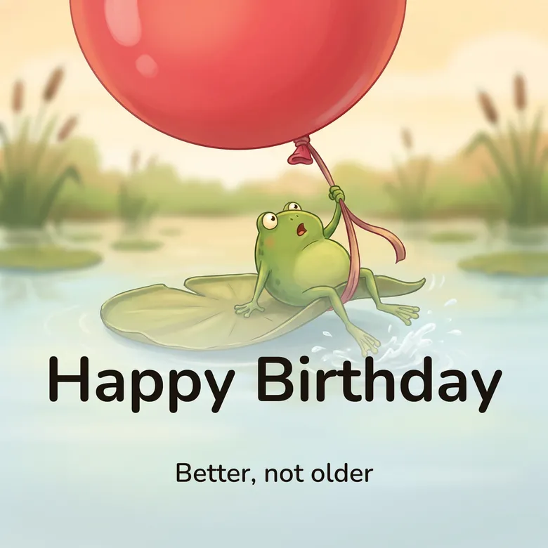 Happy birthday image: a plump cartoon frog on a lily pad holding the ribbon of one enormous balloon that is about to lift it, lettered “Happy Birthday” and “Better, not older”