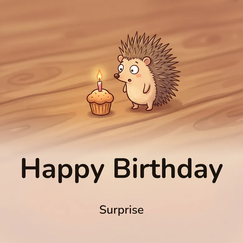 Happy birthday image: a small cartoon hedgehog with every spine standing up in alarm beside a cupcake whose candle has just been lit, lettered “Happy Birthday” and “Surprise”