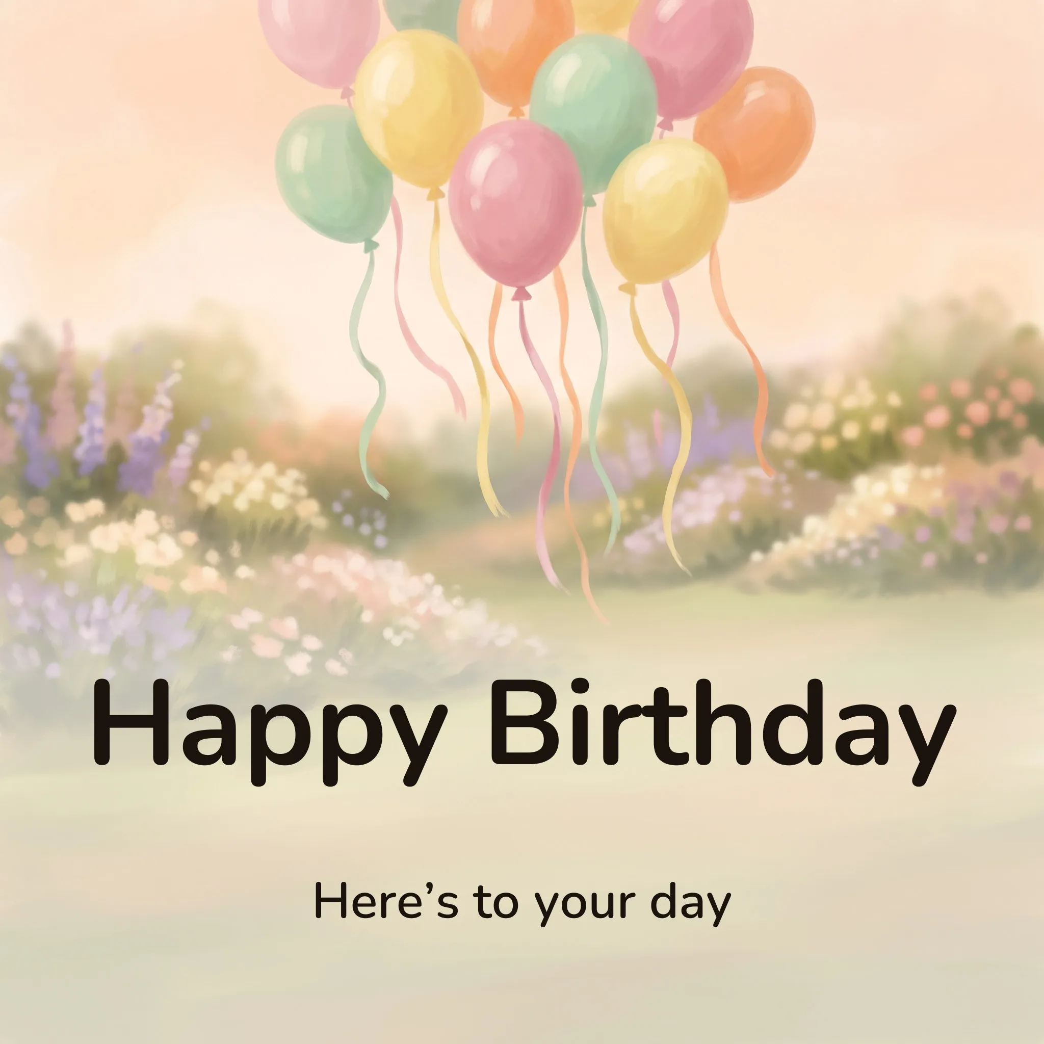 Happy birthday image: a bunch of pastel balloons on long ribbons drifting up against an open sky, lettered “Happy Birthday” and “Here’s to your day”