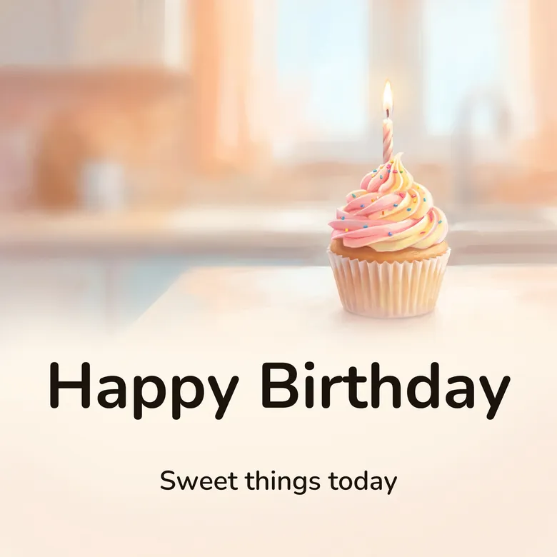 Happy birthday image: a single cupcake with swirled frosting, colored sprinkles and one slim burning candle, lettered “Happy Birthday” and “Sweet things today”