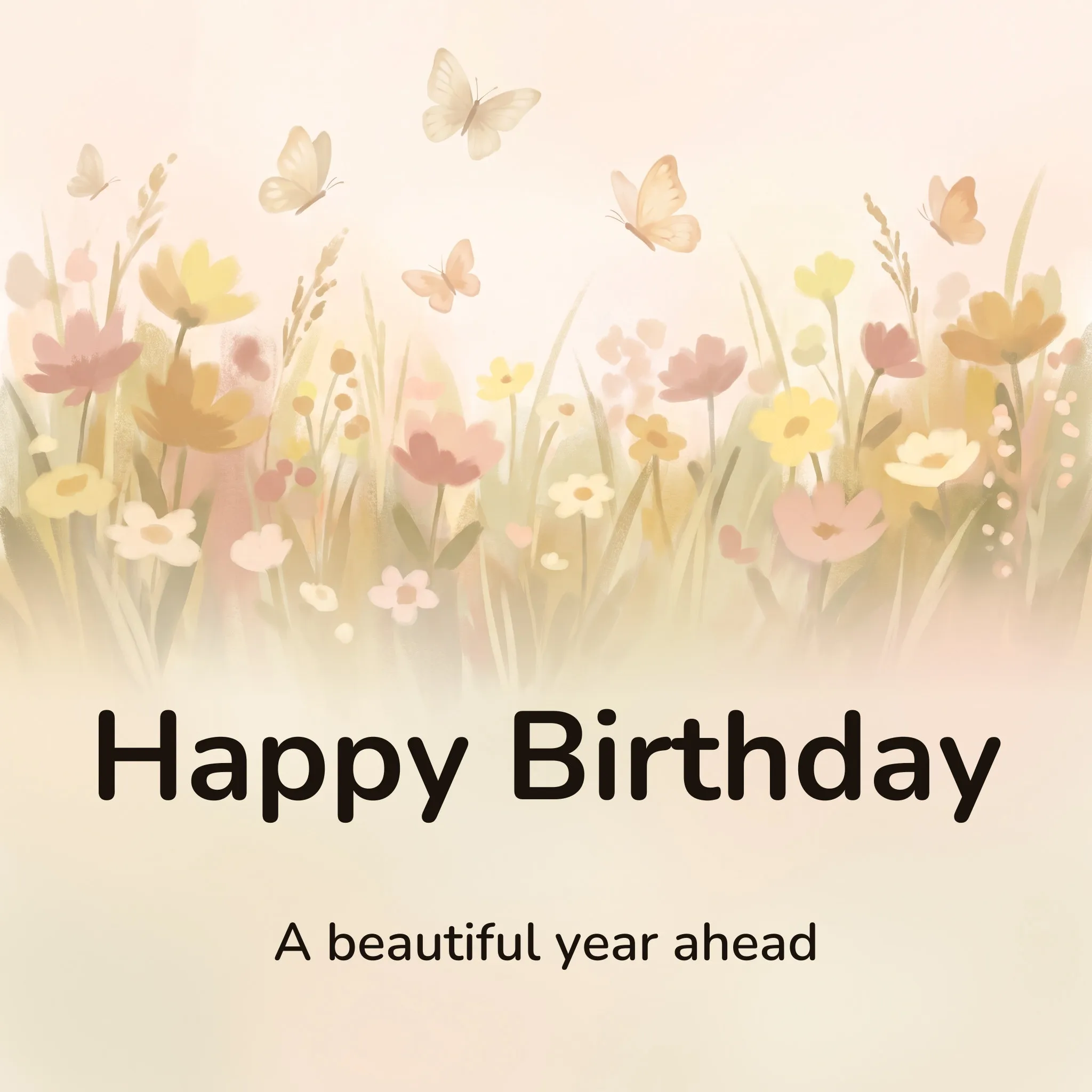 Happy birthday image: a sunlit meadow of wildflowers with a few pale butterflies lifting over the grass, lettered “Happy Birthday” and “A beautiful year ahead”