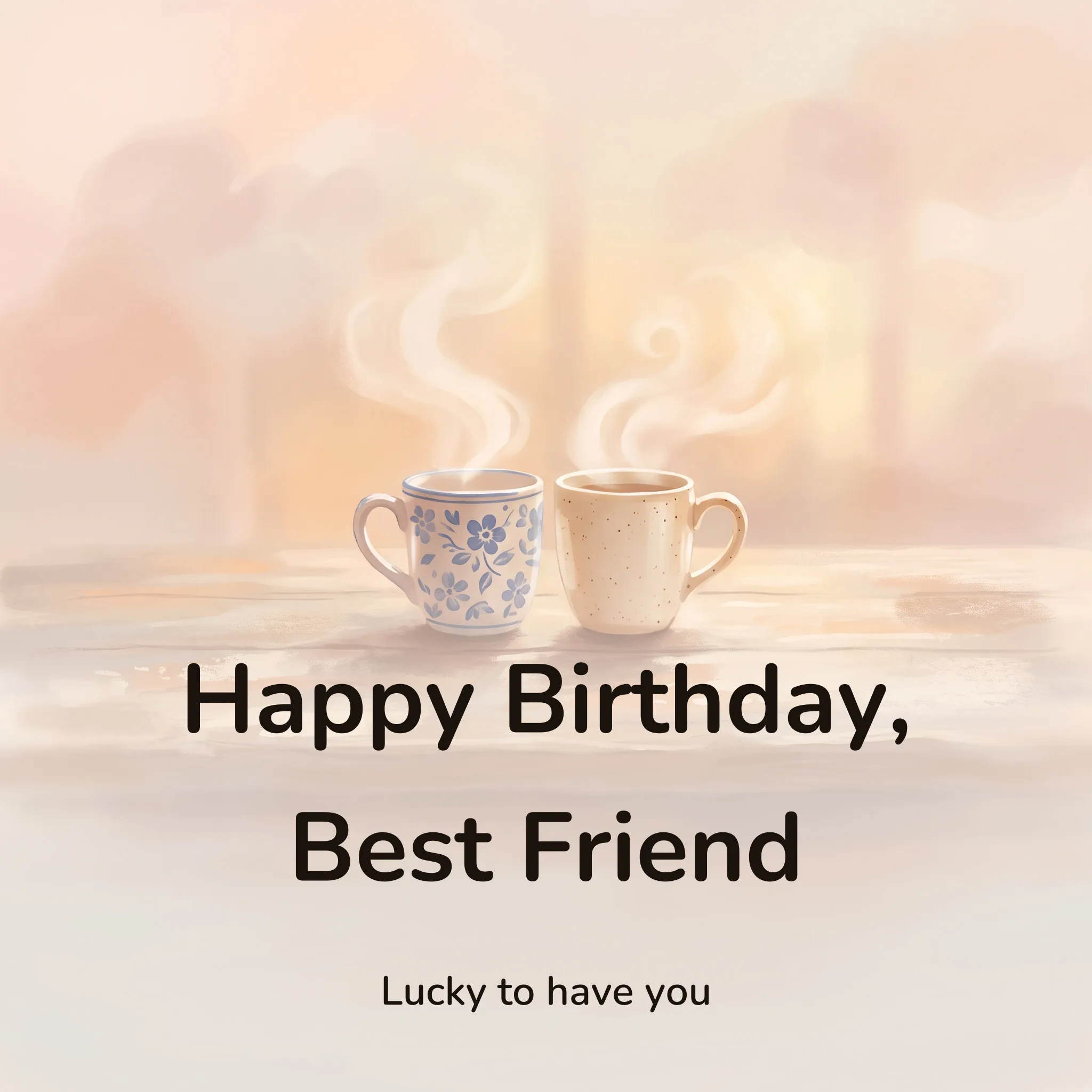 Happy birthday image: two mismatched mugs side by side on a worn wooden table in warm morning light, lettered “Happy Birthday, Best Friend” and “Lucky to have you”