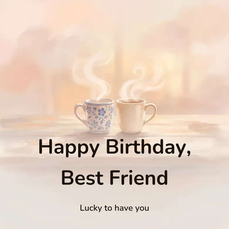 Happy birthday image: two mismatched mugs side by side on a worn wooden table in warm morning light, lettered “Happy Birthday, Best Friend” and “Lucky to have you”