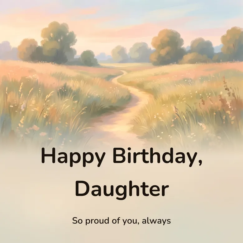 Happy birthday image: a narrow path winding through tall early-summer grass toward a line of soft trees, lettered “Happy Birthday, Daughter” and “So proud of you, always”