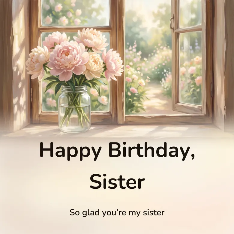 Happy birthday image: full soft peonies in a clear glass jar on a sunlit windowsill, lettered “Happy Birthday, Sister” and “So glad you’re my sister”