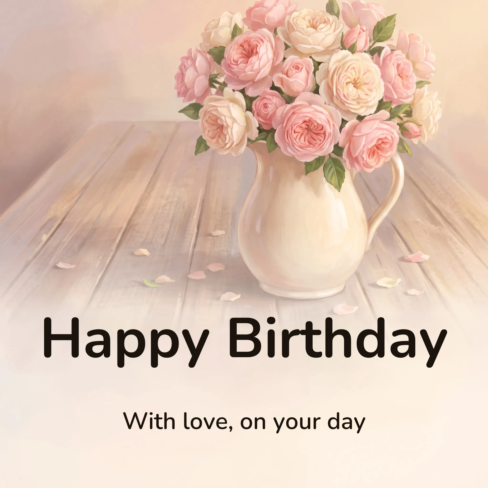 Happy birthday image: soft pink and cream garden roses in a plain ceramic pitcher, with loose petals on the table, lettered “Happy Birthday” and “With love, on your day”