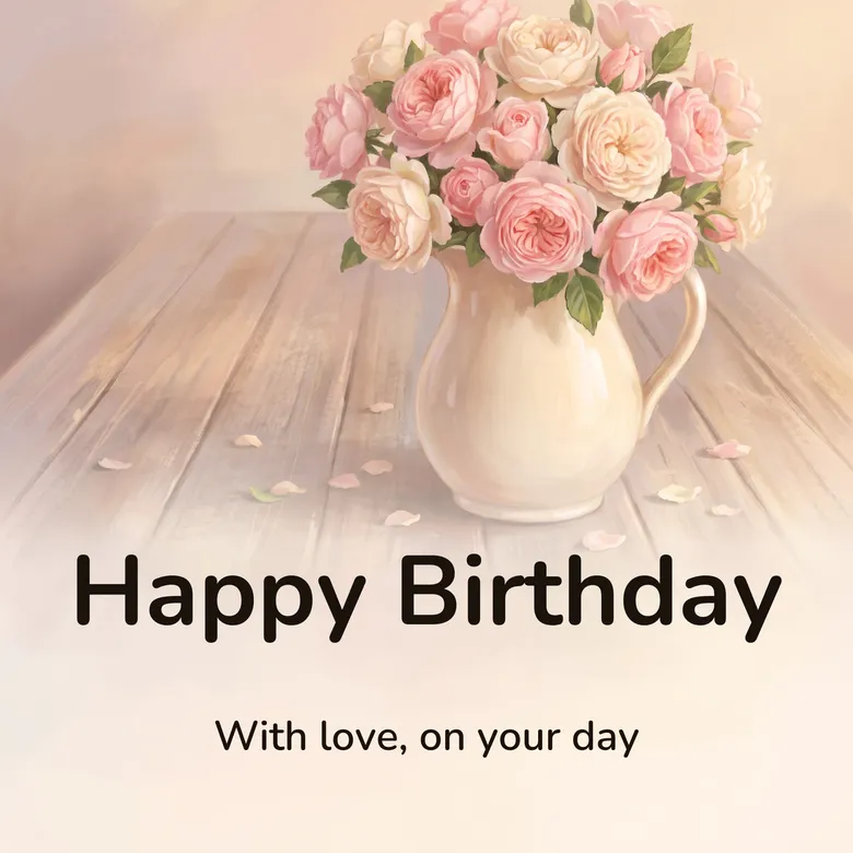 Happy birthday image: soft pink and cream garden roses in a plain ceramic pitcher, with loose petals on the table, lettered “Happy Birthday” and “With love, on your day”