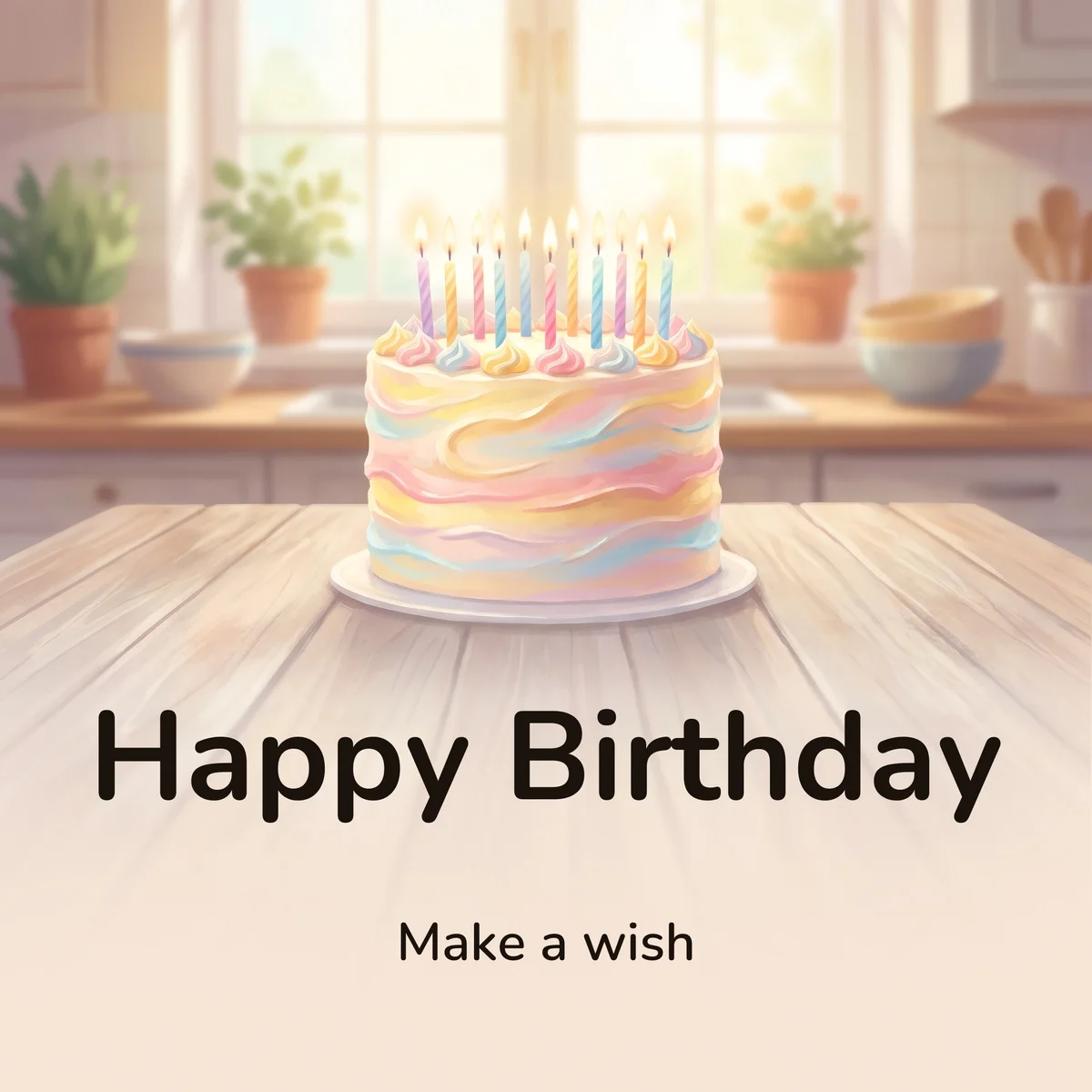 The same drawing as a finished card, with “Happy Birthday” and “Make a wish” set beneath the cake as type.