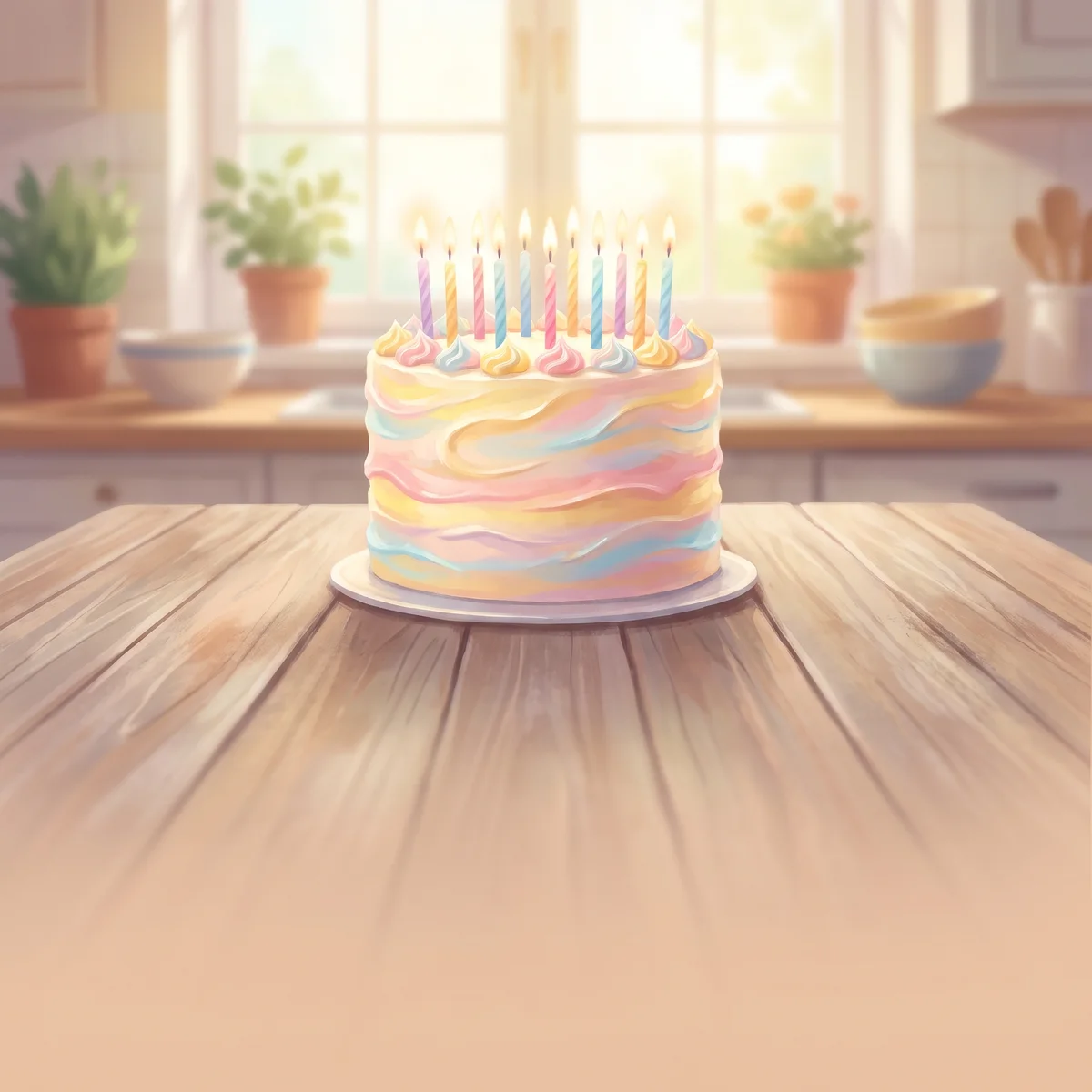 The drawing on its own: a birthday cake with lit candles on a wooden table in a sunlit kitchen, with no writing anywhere in the picture.