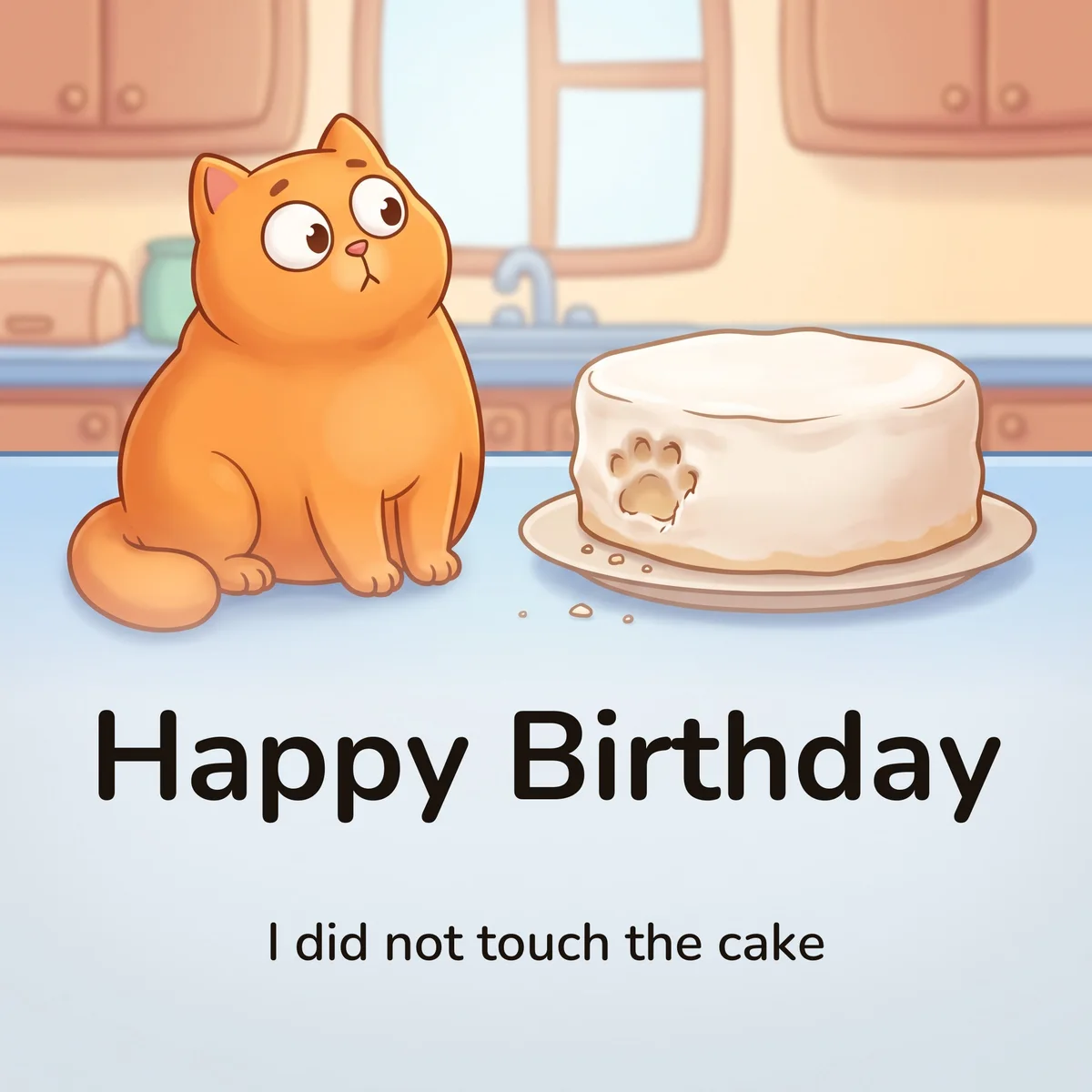 A funny birthday card: a cartoon cat sitting upright beside a frosted cake with one paw-shaped dent in it, with “Happy Birthday” and “I did not touch the cake” set beneath in type.